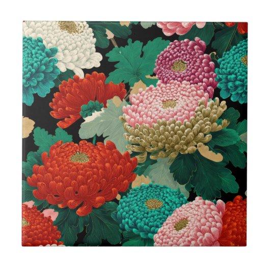 Chrysanthemen-Blumen Vintage-Blumenmuster Fliese (Vorderseite)