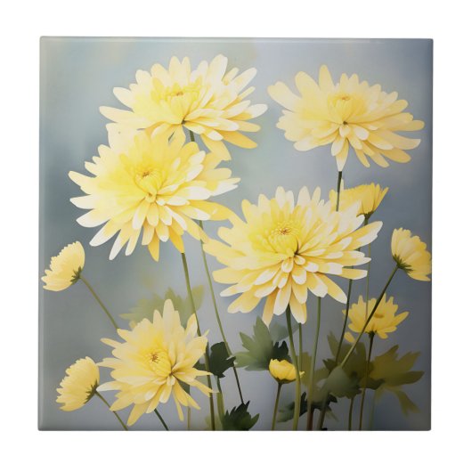 Chrysanthemen der Wasserfarbe auf hellgelber Wiese Fliese (Vorderseite)