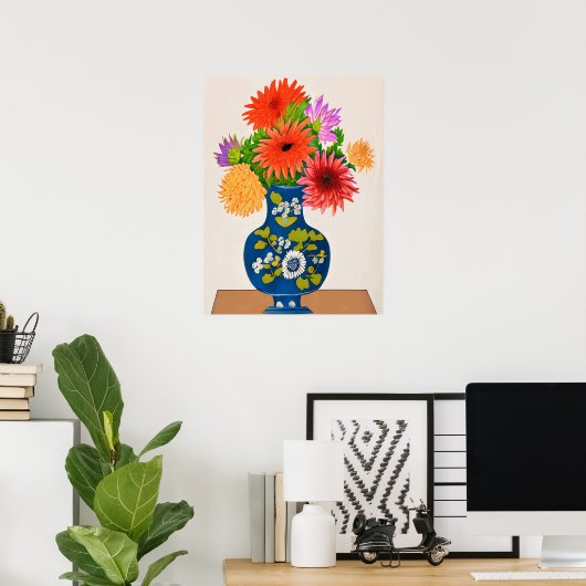 Chrysanthemen in einer blauen chinesischen Vase Poster (Heimbüro)