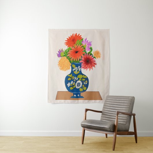 Chrysanthemen in einer blauen chinesischen Vase Wandteppich (Beispiel)