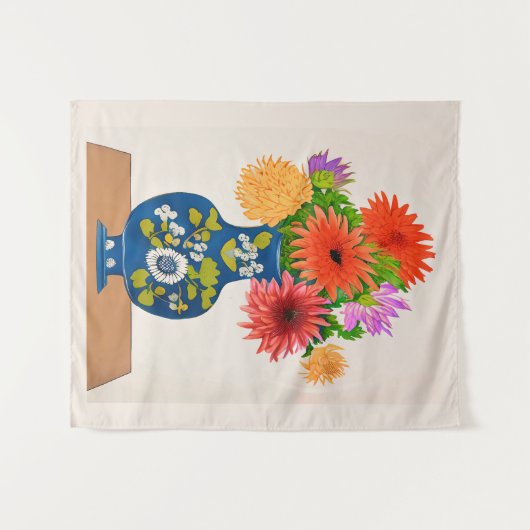 Chrysanthemen in einer blauen chinesischen Vase Wandteppich (Vorderseite (Horizontal))