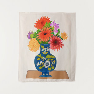 Chrysanthemen in einer blauen chinesischen Vase Wandteppich