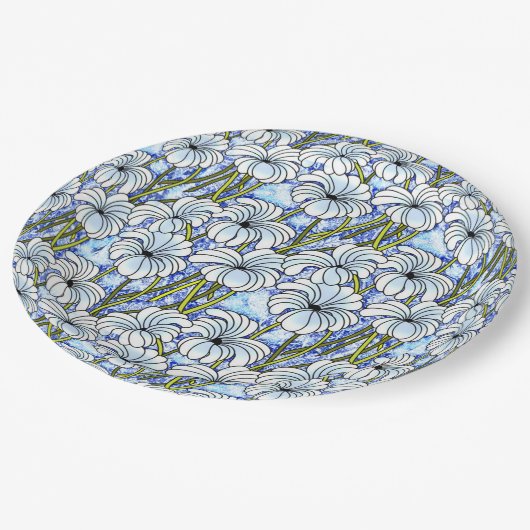 Chrysanthemen - weiß, blau, grün pappteller (Schrägansicht)