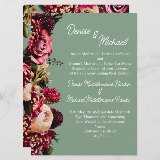 Chrysanthemum auf Basil Green Einladung (Vorne/Hinten)