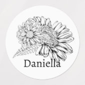 Chrysanthemum Black Line Drawing with Your Name  Etiketten (Design 1)