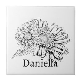 Chrysanthemum Black Line Drawing with Your Name  Fliese
