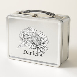 Chrysanthemum Black Line Drawing with Your Name  Metall Brotdose