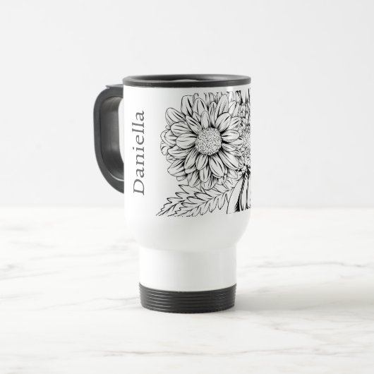 Chrysanthemum Black Line Drawing with Your Name  Reisebecher (Vorderseite Links)
