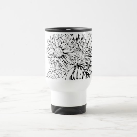 Chrysanthemum Black Line Drawing with Your Name  Reisebecher (Mittel)