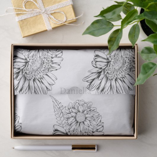 Chrysanthemum Black Line Drawing with Your Name  Seidenpapier (Geschenk)