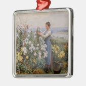 Chrysanthemum Blume (Mädchen im Garten) Ornament Aus Metall (Links)