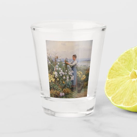 Chrysanthemum Blume (Mädchen im Garten) Schnapsglas (Vorderseite)