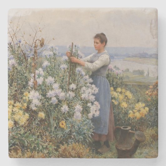 Chrysanthemum Blume (Mädchen im Garten) Steinuntersetzer (Vorderseite)