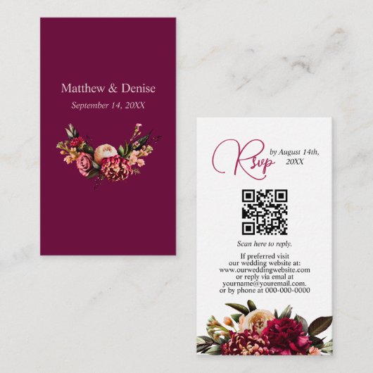 Chrysanthemum Elegant Burgundy RSVP Card QR Code Begleitkarte (Vorne/Hinten)