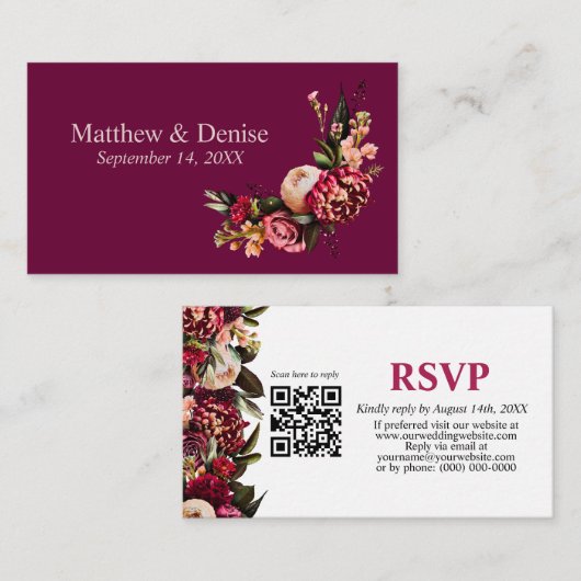 Chrysanthemum Elegant Burgundy RSVP Card QR Code Begleitkarte (Vorne/Hinten)