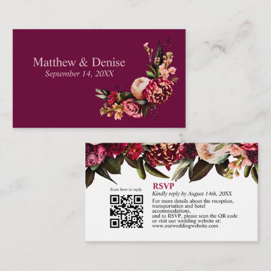 Chrysanthemum Elegant Burgundy RSVP Card QR Code Begleitkarte (Vorne/Hinten)