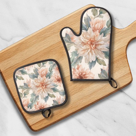 Chrysanthemum Flowers Watercolor Botanical Pattern Ofenhandschuh & Topflappen-Set
