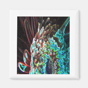 Chrysanthemum Glow Art Blue Green, White and Red Magnet