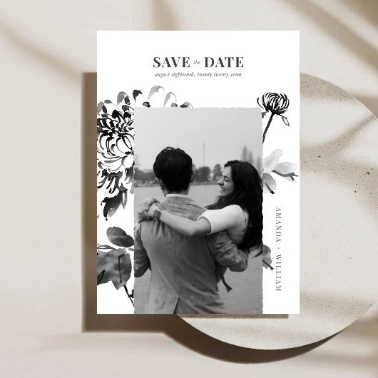 Chrysanthemum Ink Art Foto Save the Date Karte