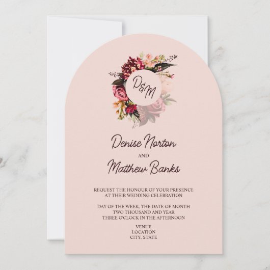 Chrysanthemum Monogram auf blush-Rose Einladung (Vorderseite)