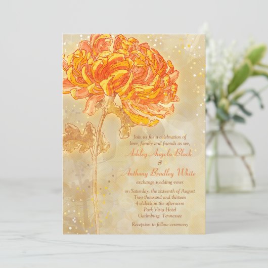Chrysanthemum Orange Floral Wedding Einladung (Stehend Vorderseite)