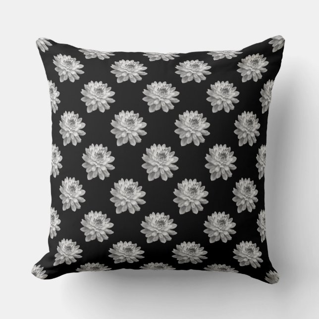 Chrysanthemum Pattern - Monochrome auf schwarz Kissen (Vorderseite)