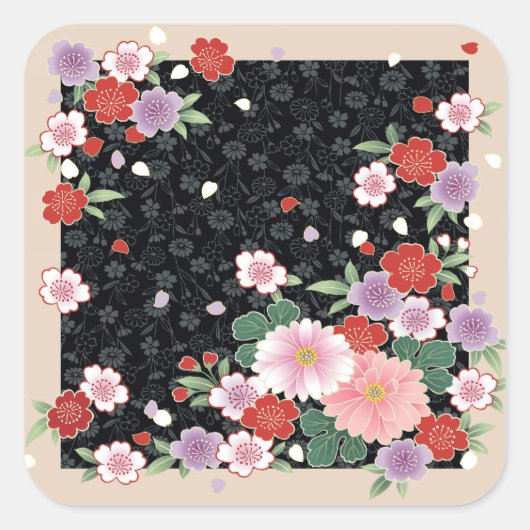 Chrysanthemum & Sakura Japanische Kunst Quadratischer Aufkleber (Vorderseite)