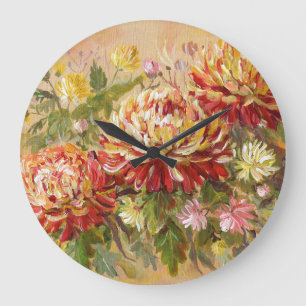 Chrysanthemum Wiese: Akryllische Handmalerei. Große Wanduhr
