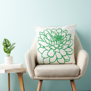 Chrysanthemum Zeichnend - grün auf Weiß Kissen