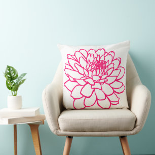 Chrysanthemum Zeichnend - Neon Red on White Kissen