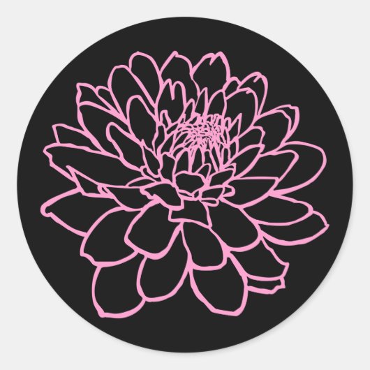 Chrysanthemum Zeichnend - Rosa auf Schwarz Runder Aufkleber (Vorderseite)