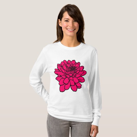 Chrysanthemum Zeichnend - Schwarz und Neon Rot T-Shirt (Vorne ganz)