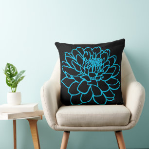 Chrysanthemum Zeichnend - Sky Blue auf Black Kissen