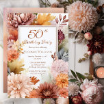 Chrysanthemums Peonies Floral 50. Geburtstagsparty Folieneinladung<br><div class="desc">Elegante Chrysanthemen und Pioniere Blumendesign "50th Birthday Party" mit einem Blumenrahmen aus Mumm und Pony Blume in Bordeaux,  Bronze Orange,  Aprikose und Rosa auf einem weißen Hintergrund Center Panel. Schöne Rose Gold reale Folie Text. Das hintere Design zeichnet sich durch eine mehrschichtige,  koordinierende Farbe im Aquarellhintergrund aus</div>