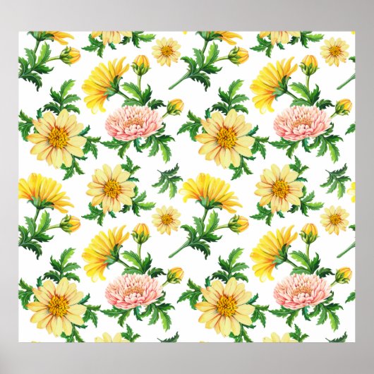 Chrysanthemums Wasserfarbe: Nahtloses Blumendesign Poster (Vorne)