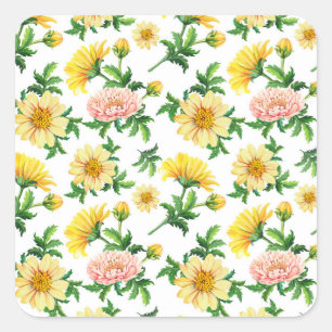 Chrysanthemums Wasserfarbe: Nahtloses Blumendesign Quadratischer Aufkleber