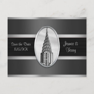 Chrysler Gebäude Save the Date Grau Silver BW Ankündigungspostkarte