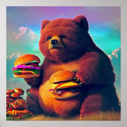 Chubby Bear Eating Cheeseburgers Poster (Vorne)