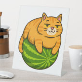 Chubby Cat on Watermelon Meme Shirt Sockelschild (In Situ)