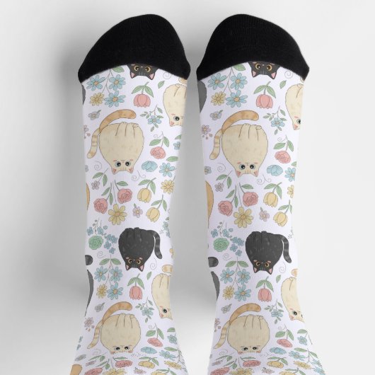 Chubby Cute Cats and Pastel Flowers Pattern Socks Socken (Oben)