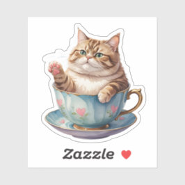 Chubby-Katze in einem Teacup-Aufkleber | Niedliche Aufkleber