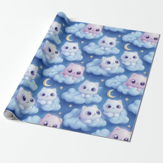 "Chubby Kawaii Cats and Clouds 3D Nahtlose Muster Geschenkpapier (Ungerollt)