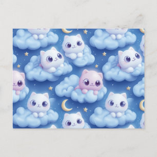 "Chubby Kawaii Cats and Clouds 3D Nahtlose Muster Postkarte