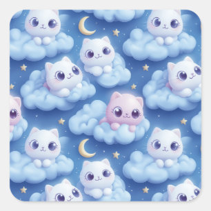 "Chubby Kawaii Cats and Clouds 3D Nahtlose Muster Quadratischer Aufkleber