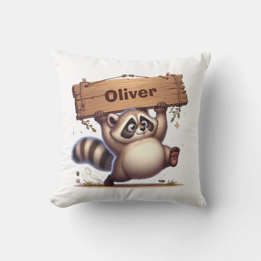Chubby Raccoon mit Holzschild Kissen (Vorderseite)