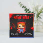 Chucky Doll Blue Red Orange Birthday Einladung (Stehend Vorderseite)