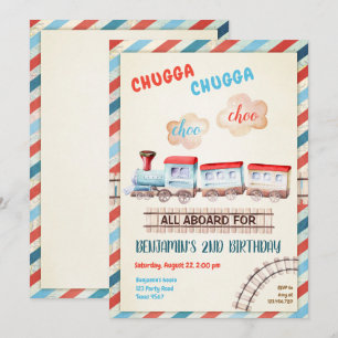 Chugga Choo Vintage Zug Junge Rot Blau Geburtstag Einladung