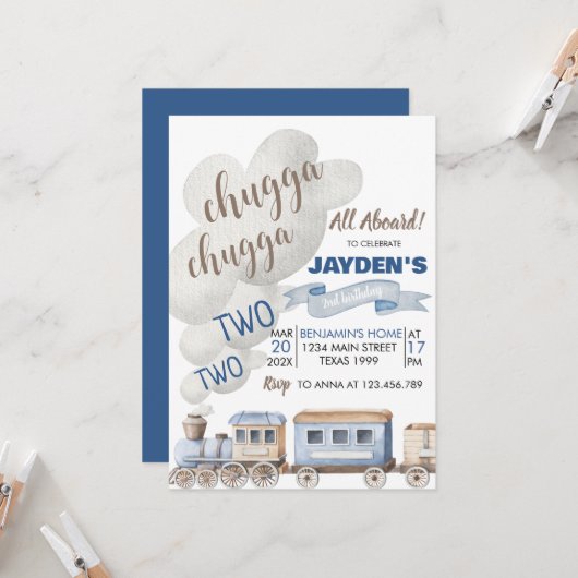Chugga Chugga zwei zwei alle Zug an Bord Geburtsta Einladung (Vorderseite/Rückseite Beispiel)