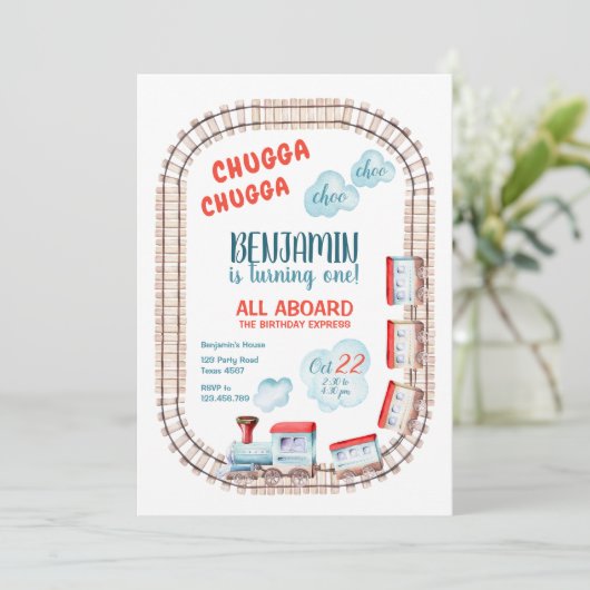 Chugga Train Choo Boy Red Blue Einladung (Stehend Vorderseite)