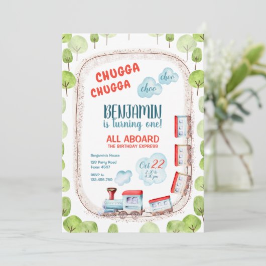Chugga Train Choo Boy Red Blue Einladung (Stehend Vorderseite)